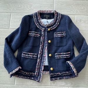 J CREW Lady Jacket Liberty London Ruffle Navy Blue Size 6 Like New